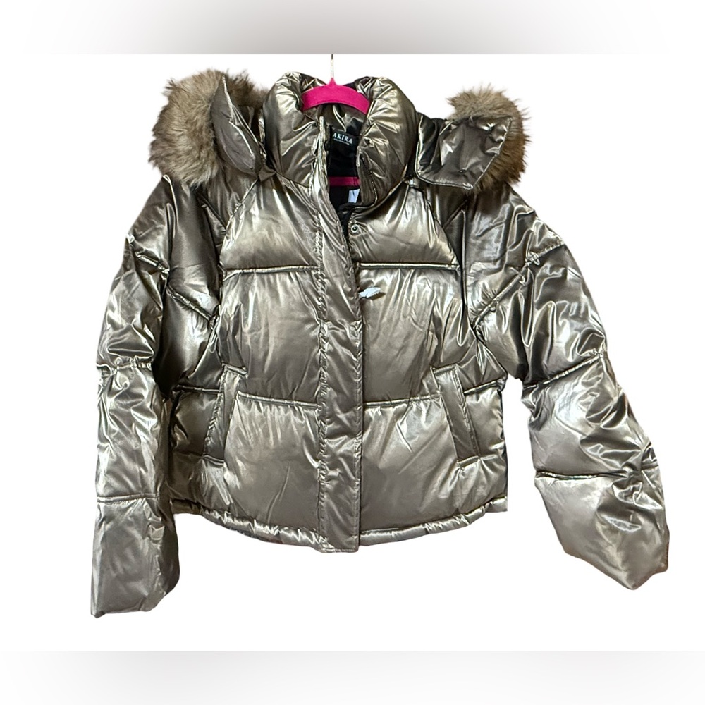 AKIRA NWT Sz L Striking Bronze Metallic Puffer Jacket & Faux Fur Hood (0724) - Picture 2 of 15